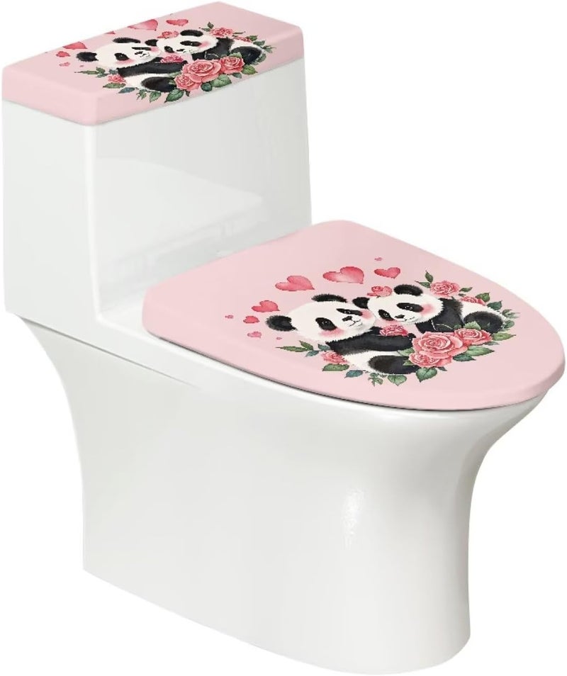 CREAMIC Panda Rose Heart Toilet Seat Covers for Bathroom Decoration Toilet Bolt Covers Decorative Round Elongated Tank Lid Cover Washable Lid Seat Protector Cover with Elastic Bottom - Image 1